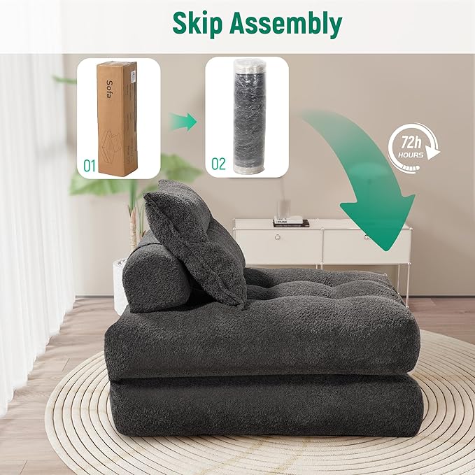 Folding Sofa Bed Fold Out Chair Bed with Pillow Convertible Sleeper Chair for Living Room/Small Spaces Foldable Lazy Sofa Bed Floor Chair Comfy Teddy Velvet Couch Bed Dark Grey