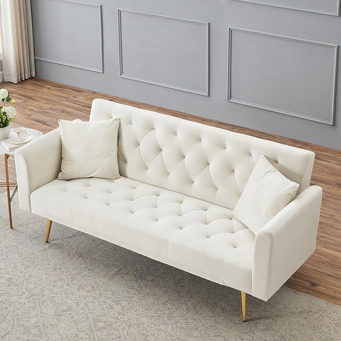 71 Modern Velvet Sofa Bed Futon Convertible Sleeper Couch with Adjustable Backrest Tufted Recliner Loveseat with Golden Chrome Legs &amp 2 Pillows for Small Spaces Living Room Apartment (Beige)