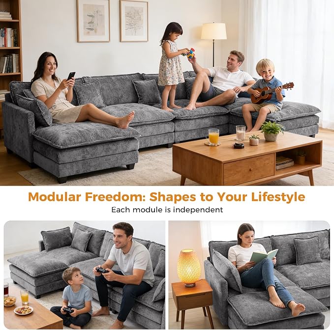 Redlife 133 Modular Sectional 3-Seater Sofa with 2 Ottomans Chenille Sectional Couch Set with Spring &amp Double Foam Cushion System Removable Covers Easy to Assembly Gray