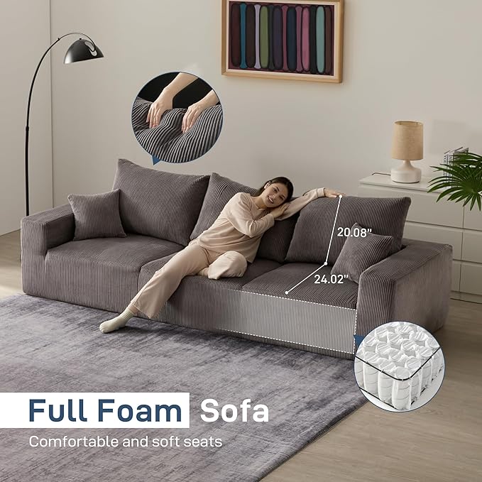 Sectional Modern Sleeper Sofa Couches for Living Room-113 Grey 3 Seater L-Shaped Boneless Cloud Couch-No Assembly Modular Corduroy Convertible Sponge Compression Sofas with Chaise for Home House