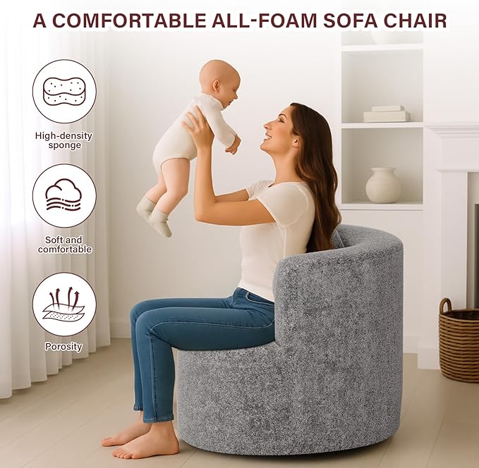 Swivel Accent Chair 360°Soft Accent Chairs Chenille Upholstered Living Room Chairs with Pillow and Curved Backrest No Assembly Arm Chair for Living Room/Bedroom/Office (Light Grey)