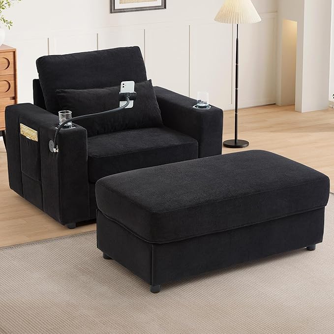 42.5 Oversized Armchair with Ottoman Storage Overstuffed Chair and a Half with Cup Holders &amp USB Port Chenille Accent Chairs for Bedroom Living Room Reading Phone Holder Side Pocket (Black)