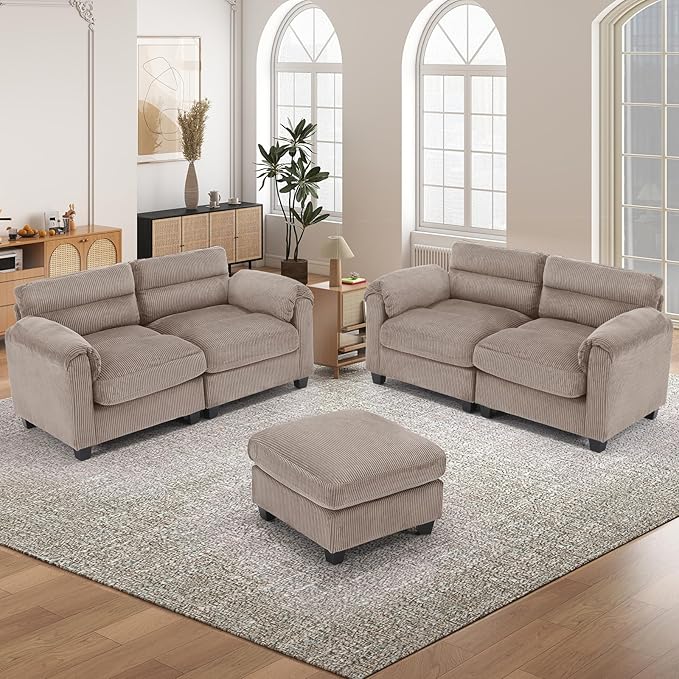 Corduroy Sofa Set Upholstered Ottoman Loveseat Set of 2with Plush Cushions and Rolled Arms Modern Living Room Furniture SetsBrown
