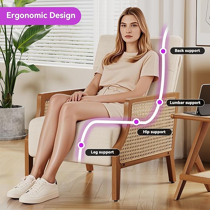 Aklaus Mid Century Accent Chair with Rattan Armrest Upholstered Living Room Chairs Lounge Fabric Reading Chairs Side Sitting Farmhouse Chair for Living Room Bedroom Balcony Beige