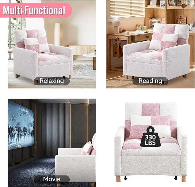 Convertible Sleeper Sofa Chair Bed3-in-1 Sleeper Chair Bed with PillowPull Out Single Armchair Sofa Bed with Adjustable Backrest Multi-Functiona Lounge Chair for Living Room (Pink)