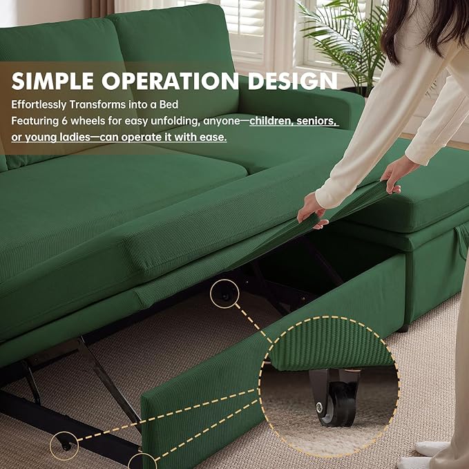 Pull Out Sleeper Sofa Bed 2 in 1 Pull Out Comfy Corduroy Couch with Storage &amp Side Pocket Convertible L Shaped Couch Bed for Living Room Apartment Green