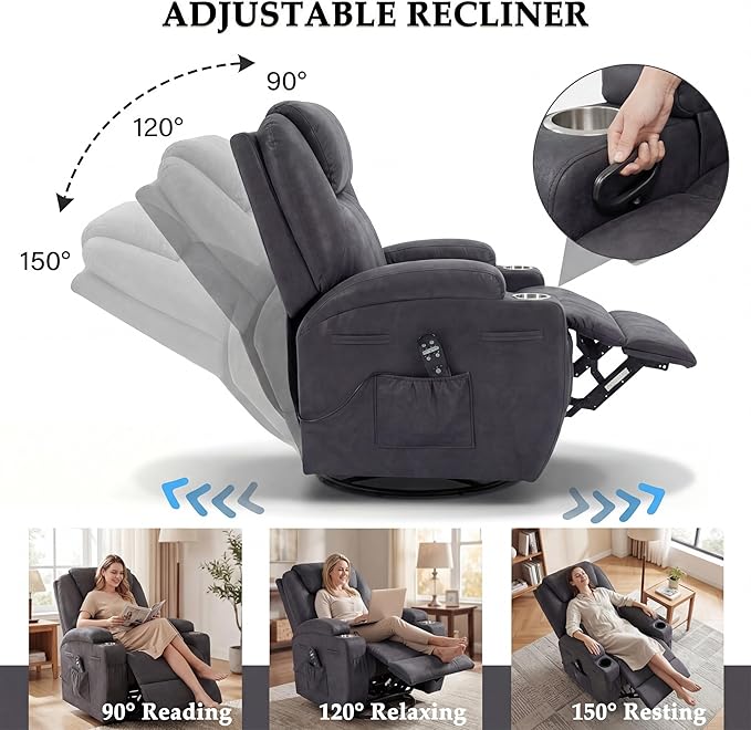 Flamaker Swivel Rocker Recliner for Adults 360 Glider Rocking Chair with Vibration Massage Upholstered Recliner Chair with 2 Cup Holders &amp Side Pockets for Living Room Nursery (Leathaire Black