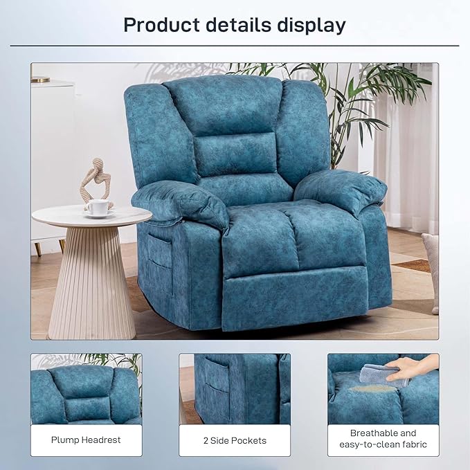 Oversized Recliner Chair &amp Massage Chair Recliner with HeatCozy Lazy Boy Recliners Chairs for Adults Blue Recliners Chairs&ampManual Reclining with Wide Seat Adjustable BackrestPockets (Blue)