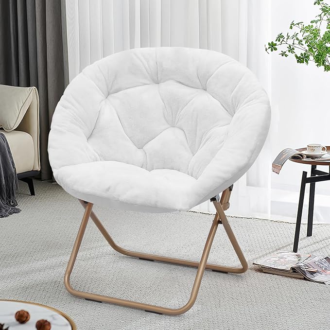 Foldable Oversized Moon Chair Large Soft Lazy Cozy Comfortable Faux Fur Round Saucer Moon Chair for Teens and Adults White