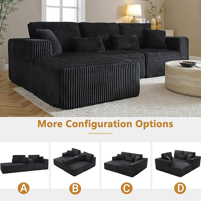 110 Inch Cloud Sectional Couch Modular Sectional Sofa with Deep Seat Corduroy Upholstered Boneless Couch for Living Room Bedroom Left Facing Chaise No Assembly Required (Black)