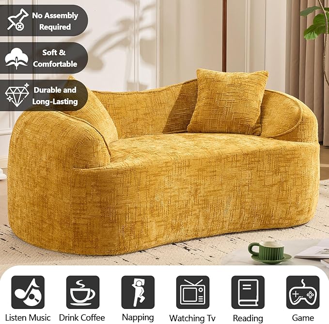 67 Curved Loveseat Sofa with 2 Pillows Modern Boneless Couch in a Box Small Cloud Loveseat for Bedroom Small Space Apartment Living Room Memory Foam Chenille No Assembly (Yellow)