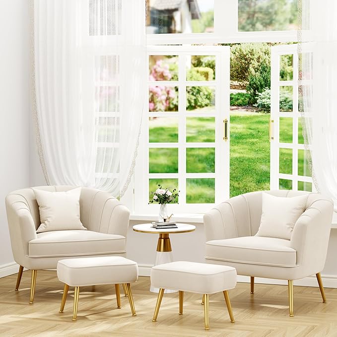 Velvet Accent Chairs with Ottoman for Living Room Bedroom Office Leisure Upholstered Single Sofa Chair Arm Chair Comfy Chair Reading Club Coffee Chair with Metal Legs Beige