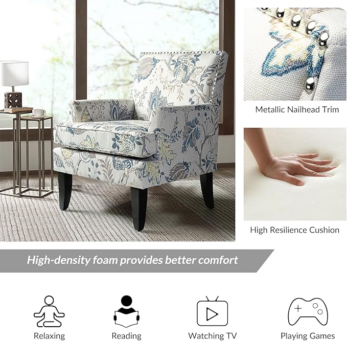 HULALA HOME Modern Accent Chair for Living Room Upholstered Fabric Single Sofa Chair Wingback Armchair with Wooden Legs for Bedroom Office Reading or Waiting Room Blue Yellow Floral