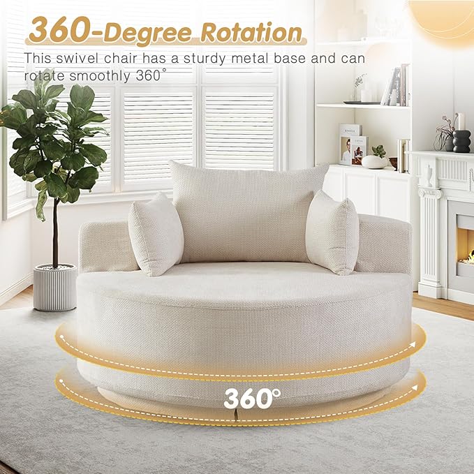 55 W Oversized Round Swivel Accent Barrel Chair360 Degree Chenille Upholstered Comfy Chaise Lounge Chair IndoorModern Deep Seat Single Sofa Armchair for Living RoomApartmentOffice(GridBeige)