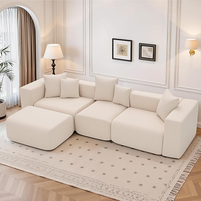 117” Boneless Cloud CouchSectional Modern 4 Seater L-Shaped Sleeper Sofa CouchesNo Assembly Modular Corduroy Convertible Sponge Compression Sofas with Chaise and Ottoman for Living Room(Beige)