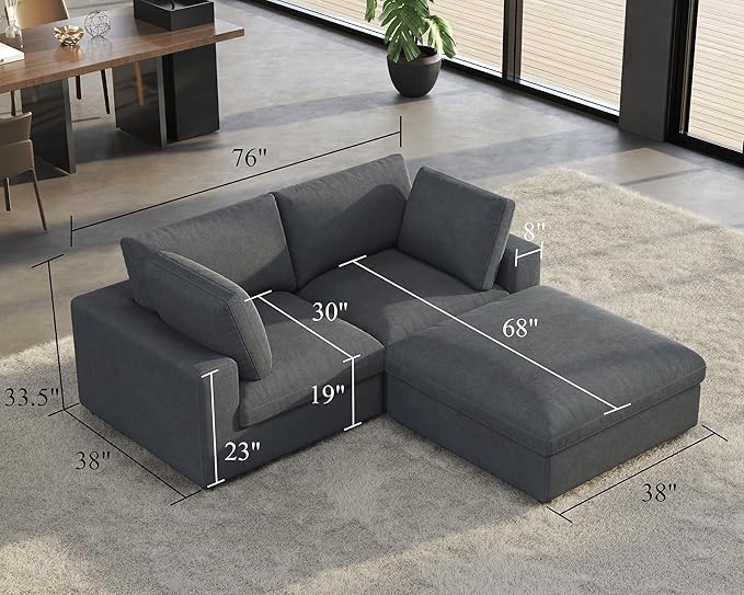 PaPaJet Modular Sectional Couch 76 Inches Oversized Down Filling Sofa 3 Seater L Shaped Cloud Couch with Chaise Ottoman Comfy Couch for Living Room Apartment Grey Linen Sofa Set