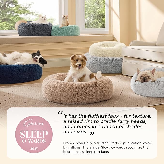 Bedsure Calming Dog Bed for Small Dogs - Donut Washable Small Puppy Bed 23 inches Anti-Slip Round Fluffy Plush Faux Fur Large Cat Bed Fits up to 25 lbs Pets Purple