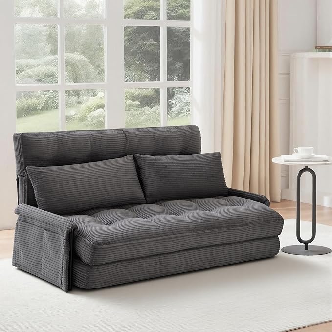 5-Position Adjustable Floor Sofa CouchMulti-Functional Bean Bag BedFoldable Lazy Sofa Sleeper Bed with ArmrestIdeal for Reading and Playing (Dark Grey)