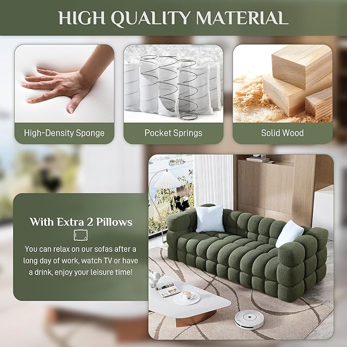 Boucle Sofa Couch 84.3 Comfy Upholstered Sherpa Sofa Tufted Cozy 3-Seater Deep Seat Cloud Couch Modern Oversized Loveseat with 2 Pillows for Living Room Apartment Office Olive Green
