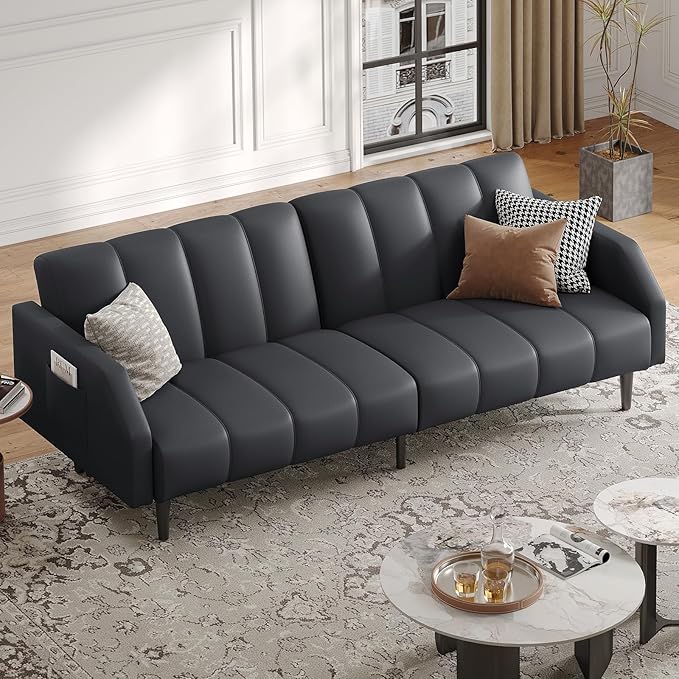 Faux Leather Sofa Bed 78“ Futon Sofa Bed Adjustable Futon Set Backrest Sleeper Sofa Couch Modern Decor Love Seat Couches Upholstered Couch for Living Room Bedroom Dark Gray
