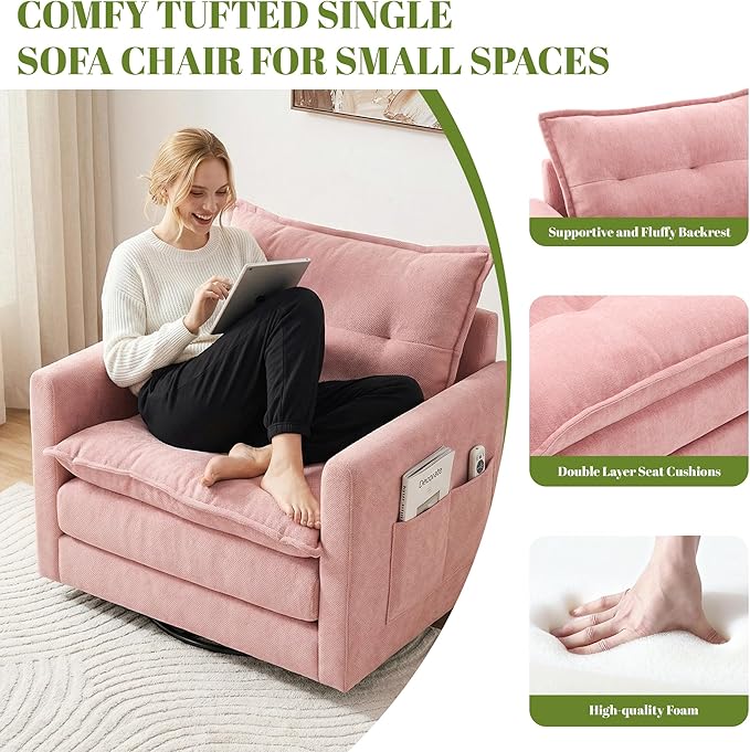 Square Swivel Chairs Set of 2Plush Chenille Upholstered Accent Club Chair with Arms360°Rotation Armchair for ReadingModern Single Cloud Sofa Chair for Living Room (2 Pink)