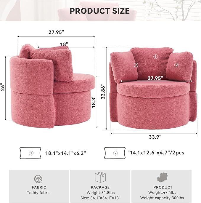 FOXHUNTER Swivel Barrel Chair 360 Degree Swivel Round Storage Chair with 3 Pillows Oversize Teddy Swivel Accent Chair Comfy Single Sofa Chair for Nursery Living Room Bedroom (Pink)