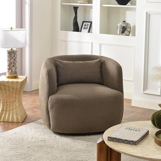 KINWELL 34 Wide Sherpa Swivel Barrel Chair No Assembly Round Boucle Upholstered Accent Chair Armchair Single Sofa Chair with Toss Pillow for Living Room and Bedroom Teddy Brown