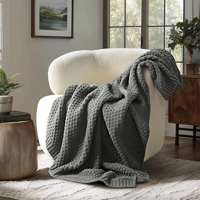 EVERGRACEHOME Chunky Chenille Knit Throw Blanket for Couch Soft Luxurious Moss Stitch Blankets for Bed Cozy Decorative Farmhouse Knitted Throws for Sofa Charcoal Gray 50 x 60