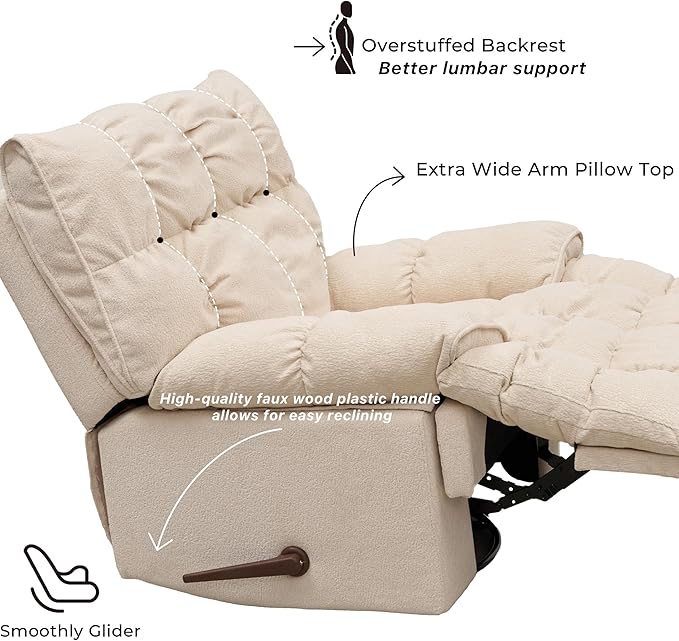 Dozzy Oversized Rocker Recliner ChairOverstuffed Rocking Chair with Breathable Velvety Fabric Soft Padded Headrest and Armrest Manual Recliner Extra Large Living Room Chair Up to 350 LBS White
