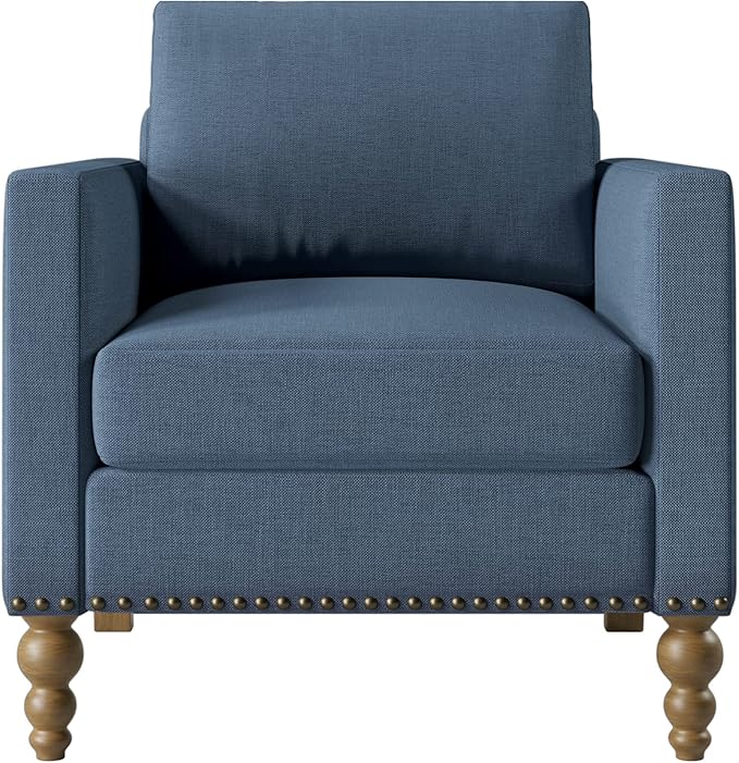 Generic Classic Linen Armchair Accent Chair with Bronze Nailhead Trim Wooden Legs Single Sofa Couch for Living Room Bedroom Balcony Navy Blue
