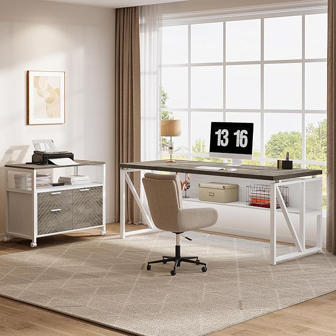 Tribesigns L-Shaped Desk with Drawers 63 Executive Office Desk with Mobile File Cabinet and Storage Shelves Home Office Business Furniture Set (Gray White)