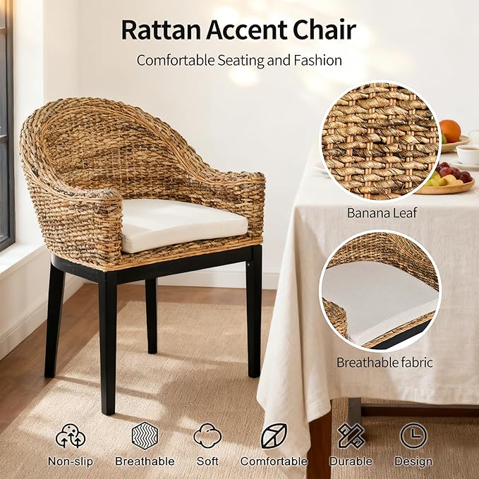 DUHOME Rattan Accent Chair - Modern Armchair with Natural Rattan Armrest Black Solid Wood Legs &amp Inset Beige Cushion Leisure Chair for Balcony Living Room