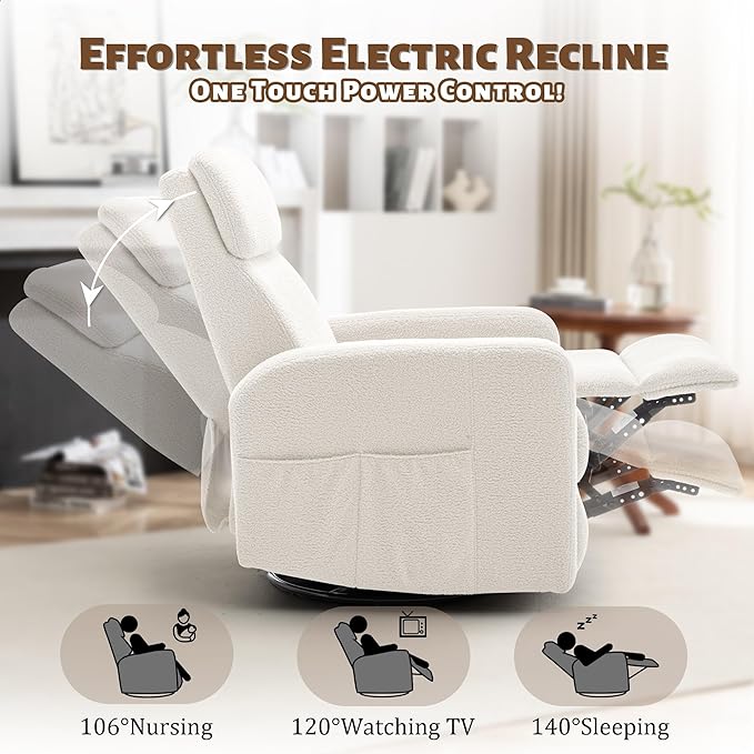 Power Swivel Recliner Chairs for Adults Electric Glider Rocking Chair Nursery Glider Recliner Nursery Chair with Classified Side Pocket Nursery Rocking Chairs with USB and Type-C Ports
