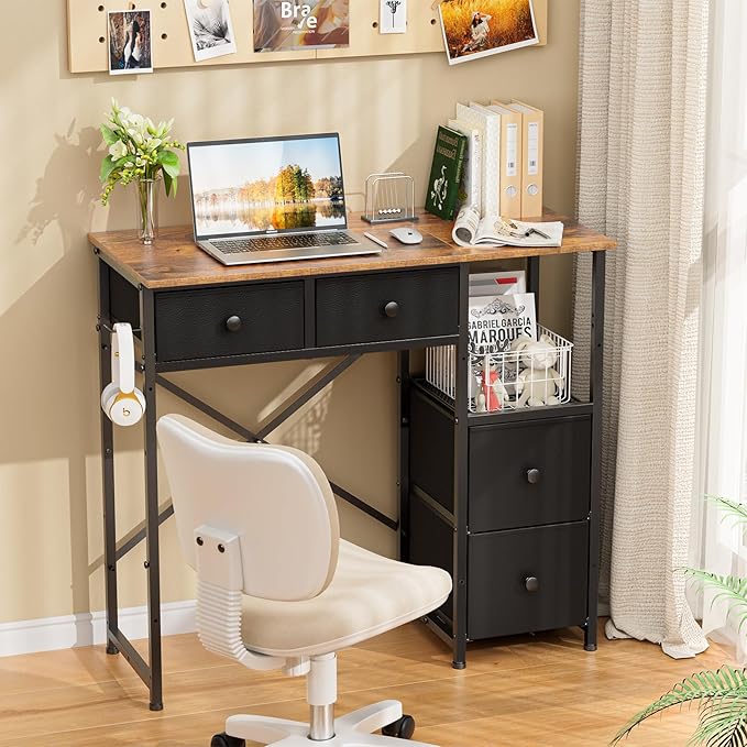 Small Computer Desk with 4 Fabric Drawers Simple Writing Desk for Home Office Compact Study Desks for Small Spaces Kids Desk Study for Bedroom Rustic Brown