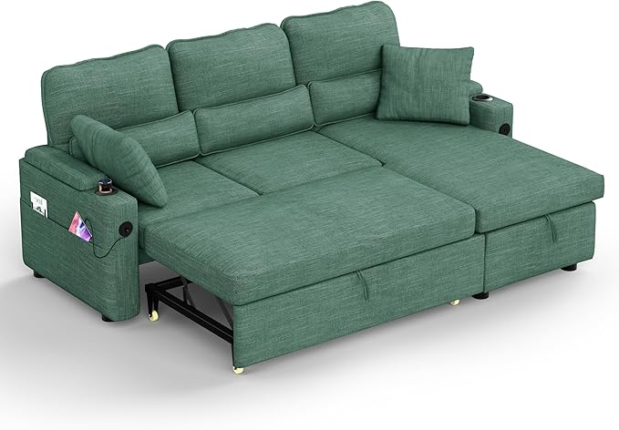 Pull Out Couch L Shaped Convertible Sleeper Sofa Bed with Hidden Storage for Living Room Apartment 3-in-1 Linen Sectional with Side Pocket Charging Station Cup Holder (Green)
