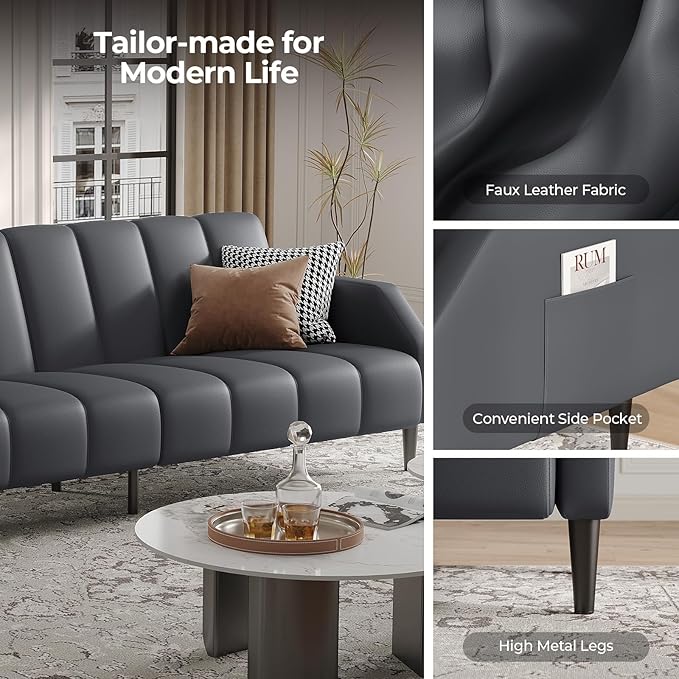 Fadware Faux Leather Couch Convertible Futon Sofa Bed with Adjustable Backrest Mid Century Leather Sofa Loveseat with Side Pockets&amp Metal Leg Modern Leather Sleeper Sofa for Living Room Bedroom