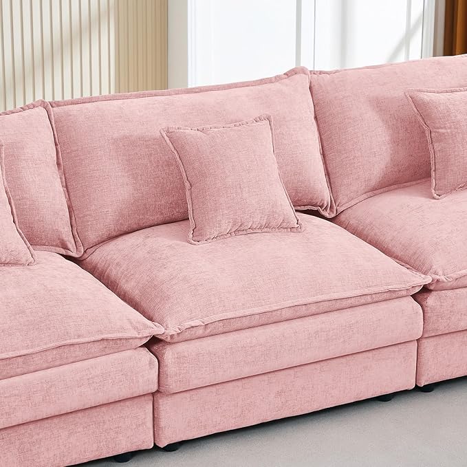 130 Pink Modular Sectional Sofa with Movable Ottoman Convertible L Shaped Chenille Cloud Couch Oversize Comfy 4-Seater Deep Seat Sofa Couches for Living Room Apartment (Pink 130)