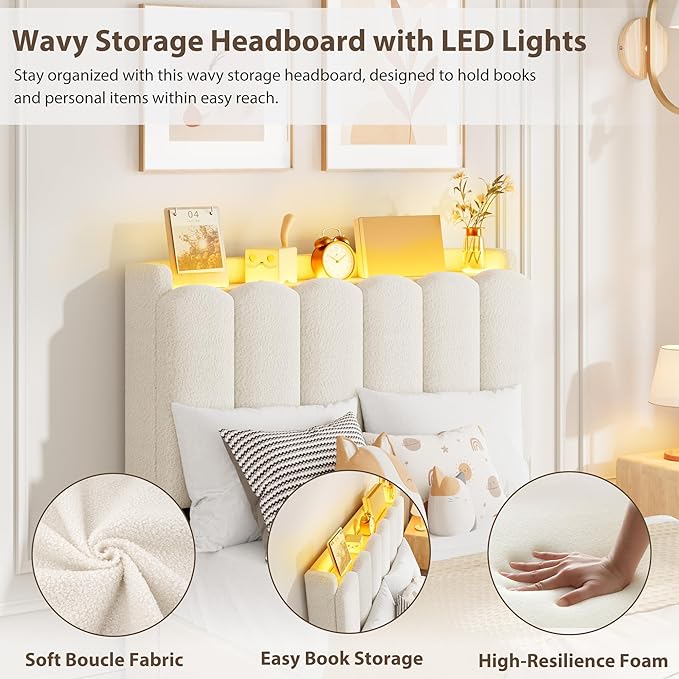 Garvee LED Twin XL Bed Frame with Storage Headboard Kids Bed Frame with 2 Drawers Boucle Upholstered Platform Bed for Girls Chic Wavy Headboard with Bookcase No Box Spring Needed White