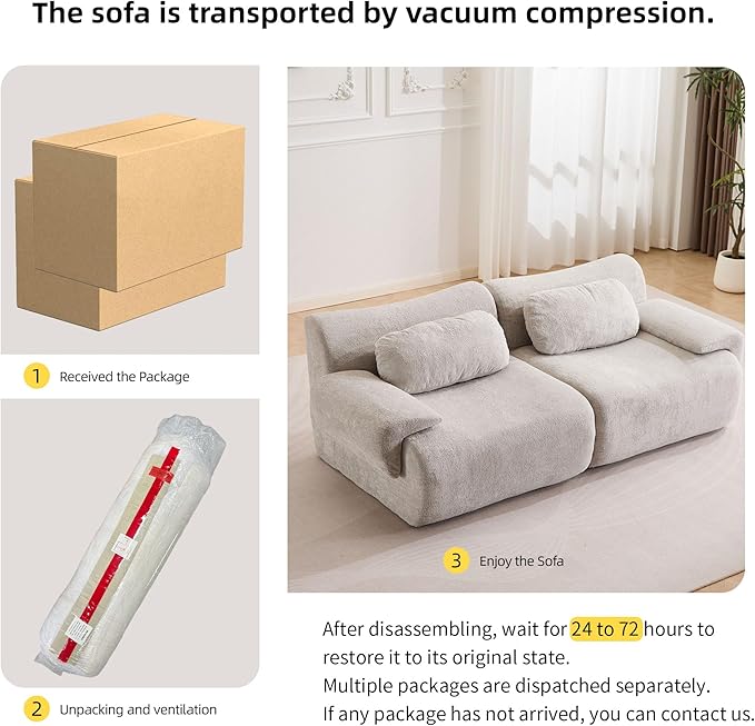 79.6 Boneless Couches for Living Room Set Cloud Modular Sectional Sofa in a Box Memory Foam Modern Couch Big Comfy Compressed Sofas Loveseat for Small Spaces Bedroom Apartment Ash Grey