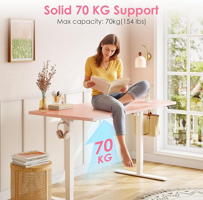 OffiGo Electric Height Adjustable Standing Desk 48 Inch Pink Computer Desk for Women Girls Sit Stand Table for Home Office Bedroom