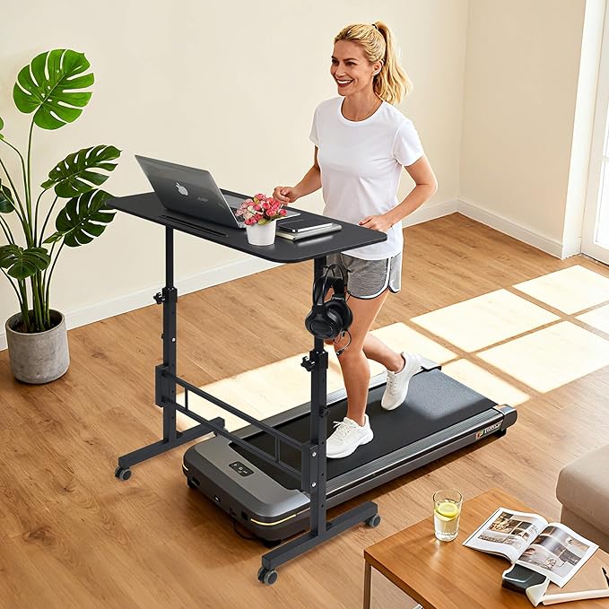 Standing Desk Adjustable Height Rolling Walking Pad Desk Small Mobile Table with Wheels Portable Stand Up Table for Standing or Sitting Size 31.5x15.7 Inch Black
