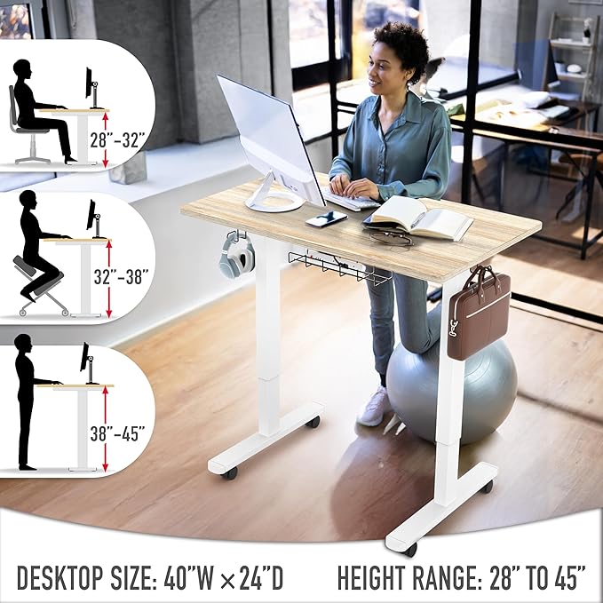 SHW 40-Inch Mobile Electric Height Adjustable Sit to Stand Desk with Drawer Hanging Hooks and Cable Management Maple