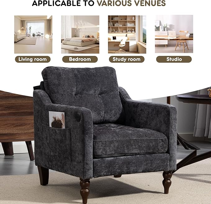 Ball &amp Cast Mid-Century Accent Chair for Living RoomReading Chair for Bedroom with USB Ports&ampSide PocketModern Accent Arm Chair W/Wide Backrest&ampRetro Wood LegsChenille Upholstered Comfy