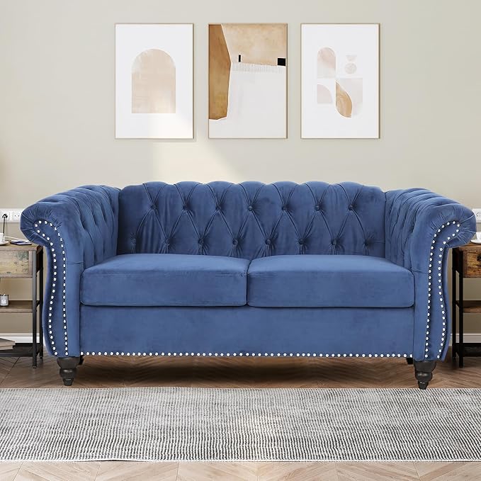 2 Seater Sofa Velvet Chesterfield Sofa Modern Tufted Couch 2 Seater Large Sofa with Scroll Arms and Nailhead for Living Room Blue