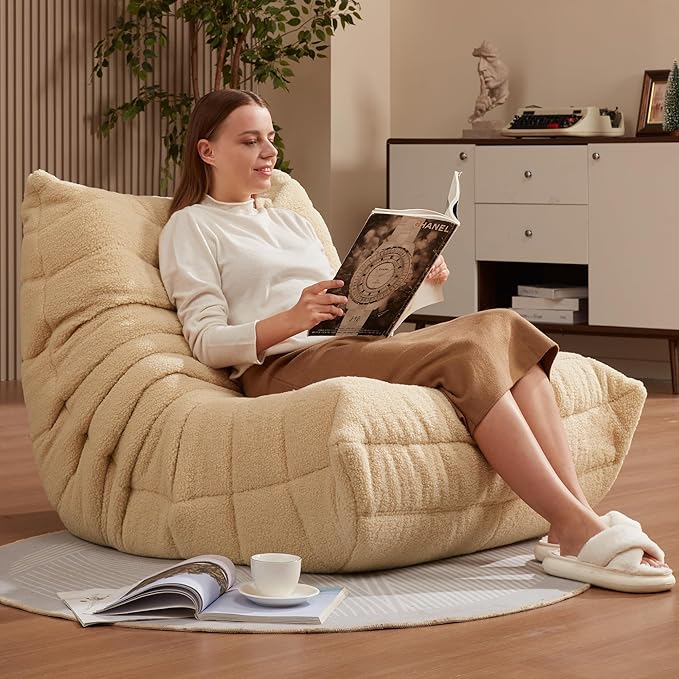 Bean Bag Chairs for Adults Giant Bean Bag Chair Memory Foam BeanBag Chair Bean Bag Sofa with Filler Faux Fur Fireside Beanbags Lazy Sofa for Living Room Bedroom Office (Khaki Teddy Single)
