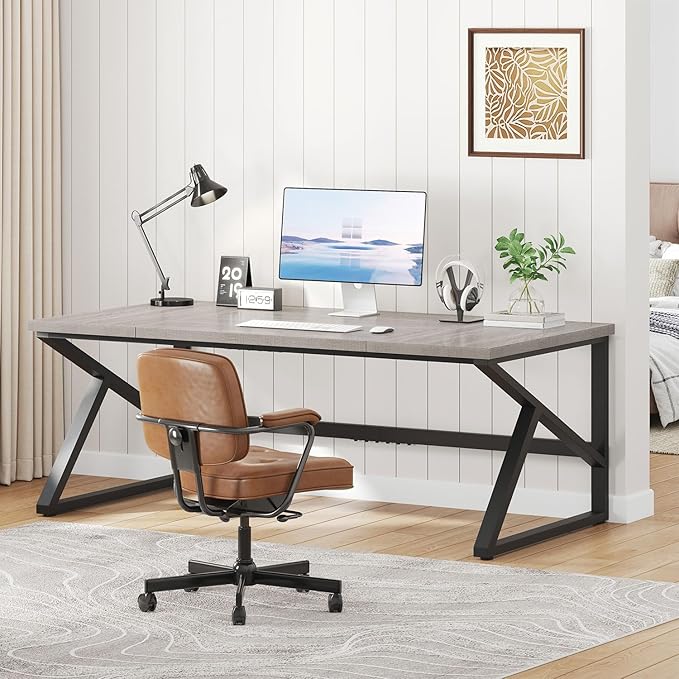 IBF 70 Inch Large Home Office Desk Industrial Long Executive Work Writing Study Computer Table Farmhouse Big Metal Wood Double Desk for Bedroom Living Room Rustic Dual Monitor Desk Light Grey