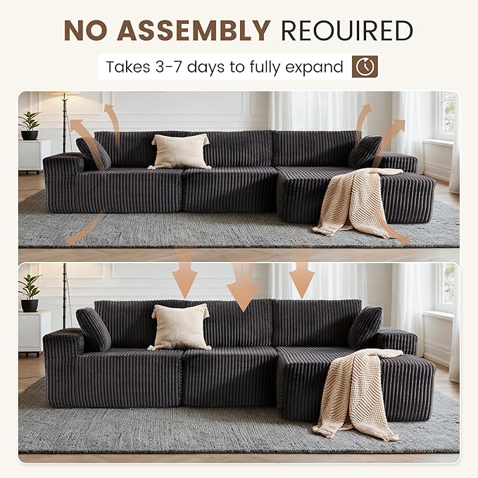 Apicizon 113 Boneless Sectional Sofa Couch for Living Room L-Shape Modular Boneless Sectional Couches Sofa Bed with Chaise Longue for ApartmentNo Assembly Required (Stripe Corduroy Gray)