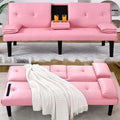 67” Futon Sofa Bed with Pillows Modern Convertible Futon Couch with 2 Cup Holders&amp Removable Armrests for Small Spaces Living Room Solid Wood Frame (Pink PU Leather)