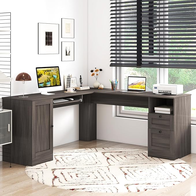 Giantex 66 L-Shaped Desk with Storage Drawers &amp Charging Station Spacious Corner Computer Desk with Keyboard Tray Adjustable Shelf Cabinet Huge Workspace Home Office Study Writing Desk (Grey