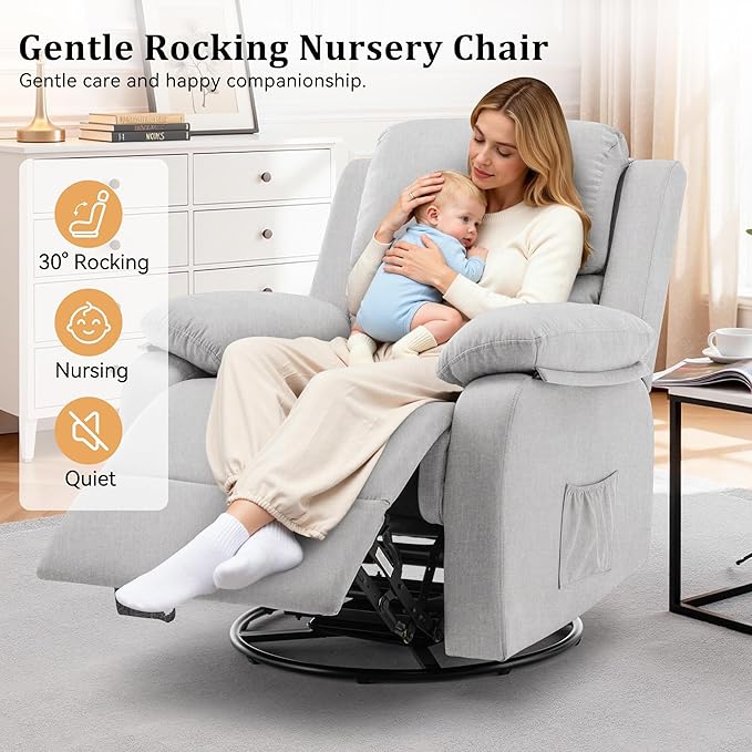 Recliner Chair 360 Swivel Rocker Chair for Adults Small Rocking Recliner for Small Spaces Upholstered Fabric Glider Recliner Nursery